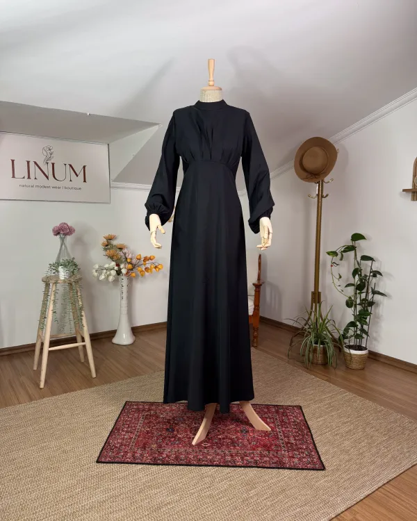 SİYAH KUPRA KUMAŞ ARKA KORSE BAĞLAMALI ELBİSE