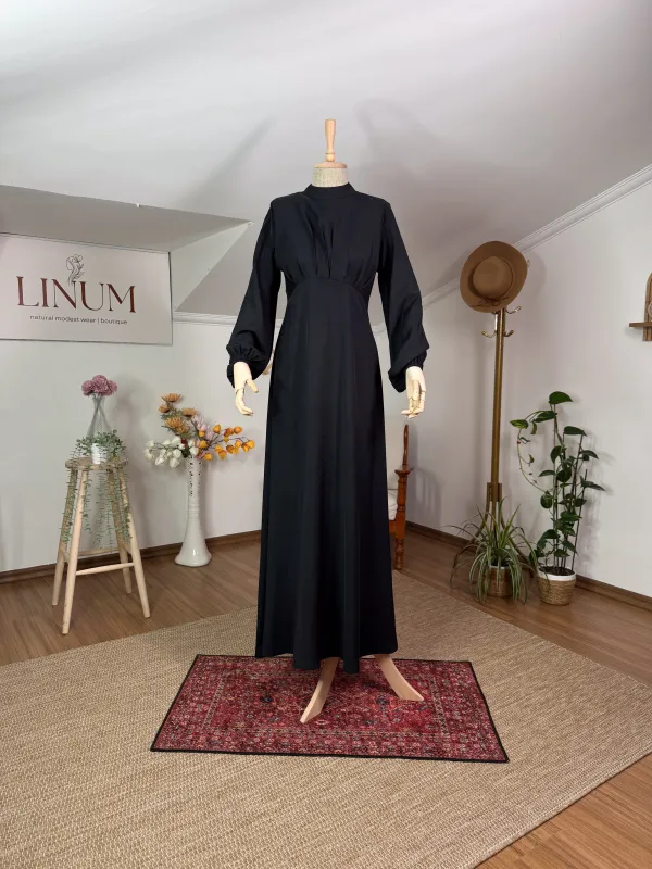SİYAH KUPRA KUMAŞ ARKA KORSE BAĞLAMALI ELBİSE